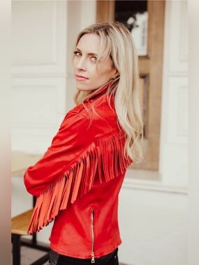 BuddyLove Francesca Fringe Vegan Leather Jacket in Vbrant Red